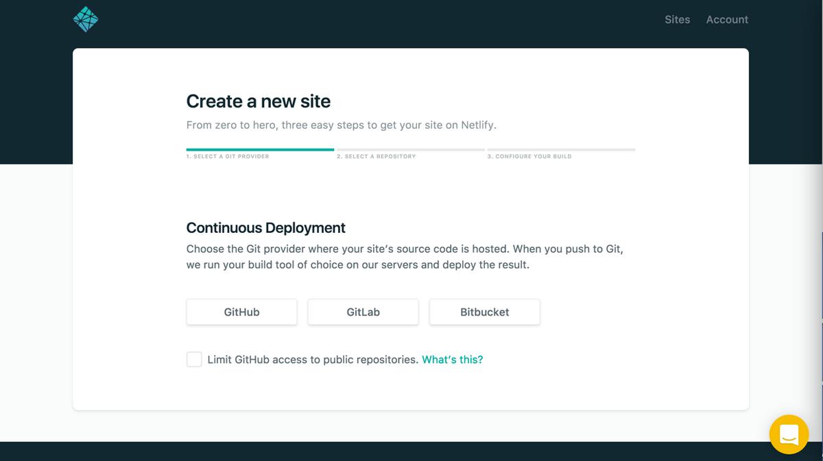 Capture écran de l'étape 1 de création d'un nouveau site sur  Netlify : sélectionner le fournisseur git