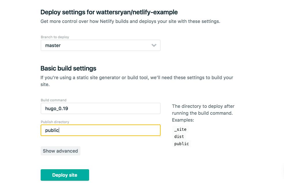 Capture écran de l'étape 3, installation d'un déploiement continu basique avec un nouveau site Hugo sur Netlify