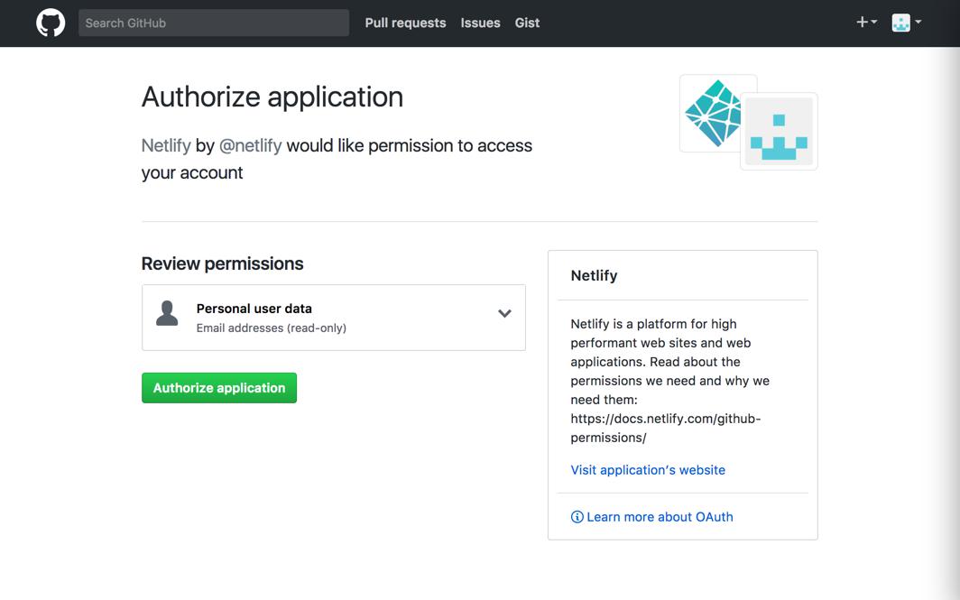 Capture-écran du popup d'autorisation pour Netlify et GitHub.