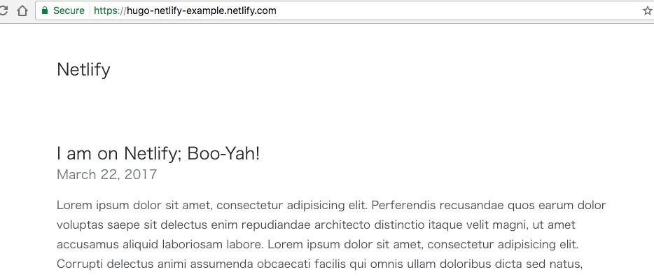 Capture-écran de la page d'accueil de https://hugo-netlify-example.netlify.com, qui est essentiellemnet du faux texte