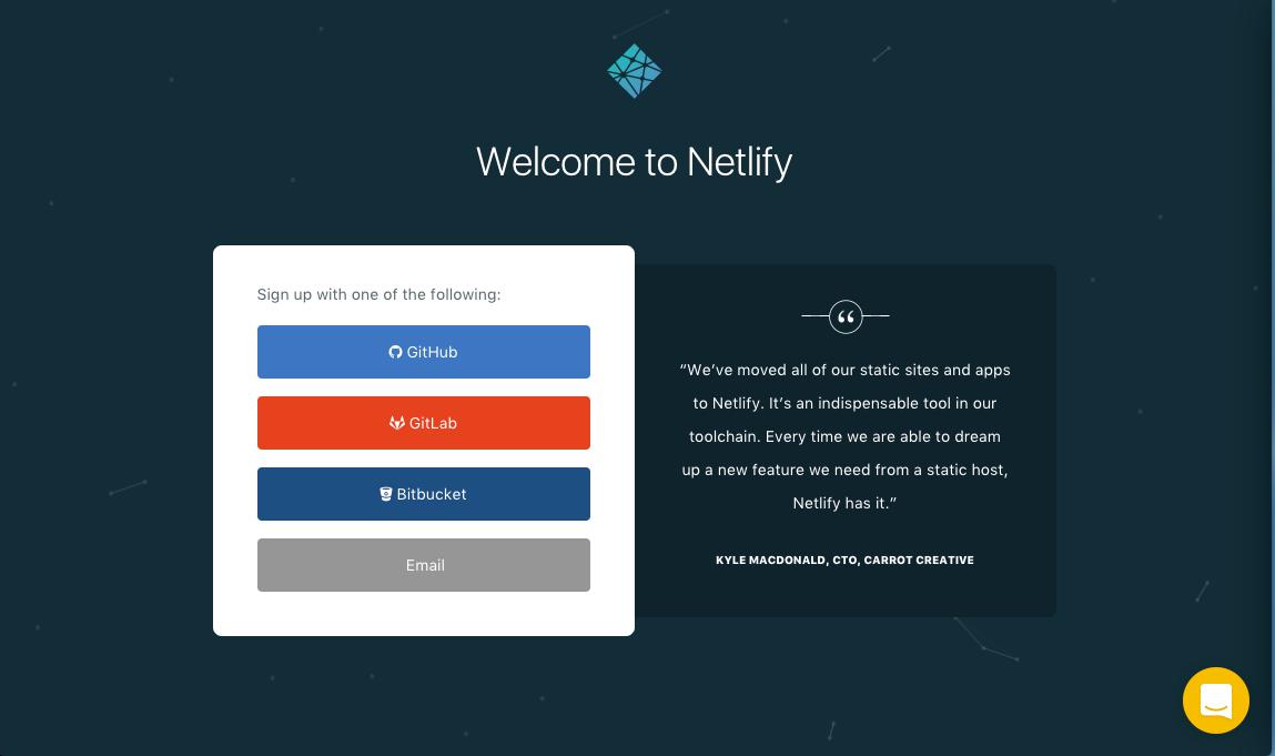 Capture-écran de la page d'accueil pour app.netlify.com, contenant les liens vers les emplacements de solutions git les plus populaires.